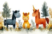 Watercolor horses and unicorn standing in meadow with trees, cute nursery art style illustration with fantasy characters and nature elements.