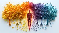 Ethereal silhouette floating through colorful paper art trees with cascading butterflies, transitioning from warm golden yellow to cool blue tones in surreal dreamlike scene.