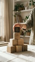 Woman building wooden block tower with tree symbol in cozy home office setting with plants and natural lighting for mindful productivity concepts.