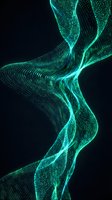 Abstract flowing particles in cyan and green tones create dynamic wave patterns against dark background. Suitable for technology, science, data visualization, and digital design projects.