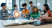 Business team brainstorming innovative solutions with digital lightbulb and technology icons overlay representing creativity and growth strategies.