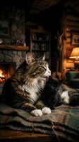 Tabby and black kitten resting together on plaid blanket by fireplace in cozy cabin interior with warm lighting and rustic home decor.