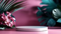 White round podium display with pink tropical flowers and palm leaves on pink background, modern minimal product presentation stage for cosmetics or jewelry.