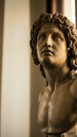 Classical bronze bust sculpture of a young man with curled hair, displayed against neutral background. Suitable for art, history, museum, and educational content.
