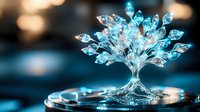 Glowing crystal tree sculpture with luminous blue leaves against dark background creates magical atmosphere. Decorative art piece for spiritual and wellness spaces.
