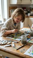 Young blonde woman artist painting watercolor artwork at wooden table in bright kitchen studio with brushes and paints for creative hobby and artistic expression.