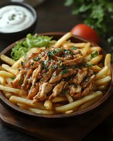 Grilled chicken shawarma served over golden french fries with fresh herbs and vegetables, traditional Middle Eastern fast food meal on wooden plate.
