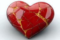 Red heart with golden kintsugi-style cracks on white background, symbolizing healing and resilience in love. Metaphor for emotional recovery and renewed strength.