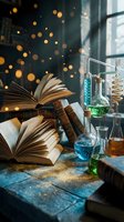 Vintage alchemy laboratory with open books, colorful chemical flasks and glowing bokeh lights creating magical atmosphere for fantasy storytelling concepts.