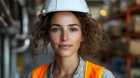 Young female construction worker wearing white hard hat and orange safety vest smiling confidently in industrial warehouse setting with blurred background.
