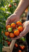 Fresh ripe tomatoes on vine held in farmer's dirty hands against garden background, showing organic harvest and sustainable agriculture concept.