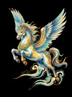Ornate winged pegasus with flowing mane and tail in gold, blue, and turquoise tones, isolated on transparent background. Ready for t-shirts, stickers, clipart, and print-on-demand designs.