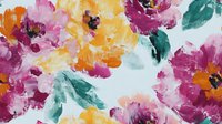 Vibrant watercolor flowers in pink, yellow, and magenta with teal leaves on white background, ideal for spring designs and decorative projects.