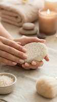 Woman hands holding natural pumice stone in spa setting with candles towels and massage stones for skincare and wellness treatments.