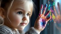 Young girl with blonde hair showing colorful paint-covered hand near window, soft natural lighting creates dreamy atmosphere for childhood creativity and artistic expression.