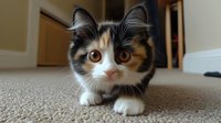 Adorable calico kitten with orange eyes sitting on carpet in cozy home interior. Cute tricolor cat with white chest and paws looking at camera indoors.