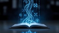 Digital holographic data streams emerging from open book with glowing blue light effects and floating geometric elements on dark background for technology concepts.
