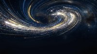 Cosmic spiral galaxy with swirling stars and golden light trails in deep space universe background for astronomy science education and fantasy projects.