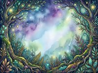 Enchanted forest frame with glowing orbs, mystical watercolor sky in purple, blue and green hues, magical woodland scene for fantasy art, book illustrations, and creative design projects.