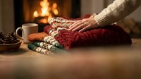 Person's hand placing folded knit sweaters on wooden table with fireplace, mug and pinecones nearby for cozy autumn home styling.