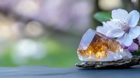 Delicate white cherry blossom resting on amethyst crystal cluster with glowing amber core against soft bokeh background, creating zen wellness atmosphere.
