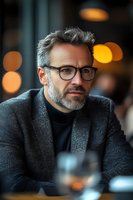 Mature Caucasian businessman with glasses and beard in gray suit jacket sitting at restaurant table with warm bokeh lighting in background.