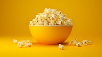 Fresh popcorn in bright yellow bowl against vibrant yellow background with scattered kernels, minimalist composition for food and entertainment concepts.