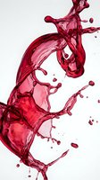 Dynamic red liquid splash with flowing motion and droplets on white background for beverage advertising and creative design projects.