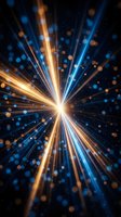 Radiant starburst with golden and blue light rays emanating from bright center point against dark background with glowing particles and bokeh effects.