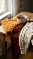 Steaming cup of tea on wooden table with draped knit sweaters in warm autumn tones near window, perfect for cozy lifestyle and seasonal content.