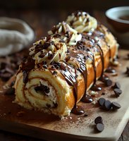 Swiss roll cake with chocolate drizzle, whipped cream swirls and chocolate chips on wooden board. Homemade dessert with vanilla cream filling and dark ganache.