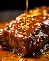 Succulent glazed meat with honey sauce dripping over tender steak, garnished with sesame seeds for gourmet dining experience.