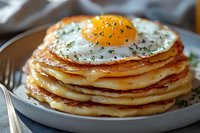 Stack of fluffy pancakes topped with sunny side up egg, garnished with herbs on white plate, breakfast food photography.