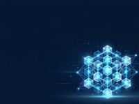 Glowing geometric network structure with interconnected nodes and lines on dark blue background. Represents data connectivity, blockchain technology, and digital transformation for tech presentations.