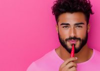 Young Mediterranean man with beard and curly dark hair wearing pink t-shirt holds red lipstick near lips against vibrant pink background. Modern beauty concept.