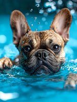 Adorable French Bulldog swimming in blue pool water with water drops and bokeh effects, close-up portrait showing expressive eyes and wet fur.