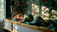 Young woman peacefully sleeping in sunlit bedroom with botanical wallpaper and natural light streaming through window creating cozy morning atmosphere.