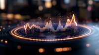 Glowing audio spectrum visualization with circular light trail and bokeh effects on dark background. Dynamic waveform pattern creates futuristic atmosphere.