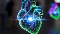 Digital holographic human heart with glowing neon blue and green wireframe structure displaying anatomical details for medical education and healthcare technology.