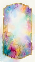 Watercolor rainbow gradient frame with gold border and mystical symbols, isolated on white background for greeting cards, invitations, posters, and design projects.