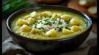 Creamy potato soup with diced potatoes and fresh herbs in rustic ceramic bowl, garnished with sour cream and chives for comfort food dining.