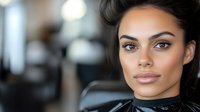 Young woman with natural makeup and glowing skin in salon chair, soft bokeh background creates professional atmosphere for beauty and cosmetic industry.