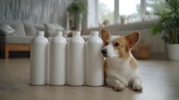 Corgi dog lying on wooden floor next to row of white minimalist bottles, home interior with window and plants in background, modern lifestyle concept.
