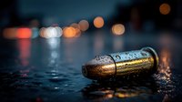Wet bullet casing on dark asphalt with blurred city lights bokeh background at night creating dramatic crime scene atmosphere for forensic investigation concepts.