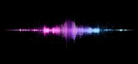 Vibrant pink and blue sound wave visualization on black background, digital audio spectrum display showing dynamic music or voice frequency pattern.