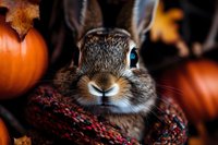 Adorable brown rabbit with bright blue eyes nestled in cozy knit scarf surrounded by orange pumpkins and autumn maple leaves creating seasonal fall atmosphere.