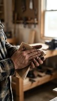 Skilled craftsman wiping hands with cloth in rustic wood workshop, tools on workbench in background, warm natural light from window.