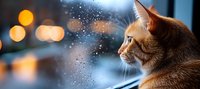 Ginger cat looking through window with raindrops during sunset. Bokeh city lights create dreamy atmosphere as feline companion observes outside world on rainy evening.