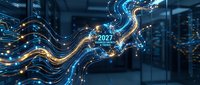Futuristic digital data stream with glowing 2027 numbers flowing through modern server room representing technology advancement and future computing.