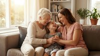 Three generations of Caucasian women sharing joyful laughter on a cozy sofa, grandmother, mother and granddaughter bonding at home.